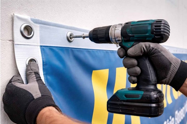 instalación de lona publicitaria con tornillos