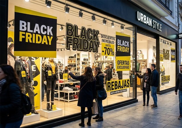 Escaparate decorado con carteles y vinilos Black Friday para atraer clientes
