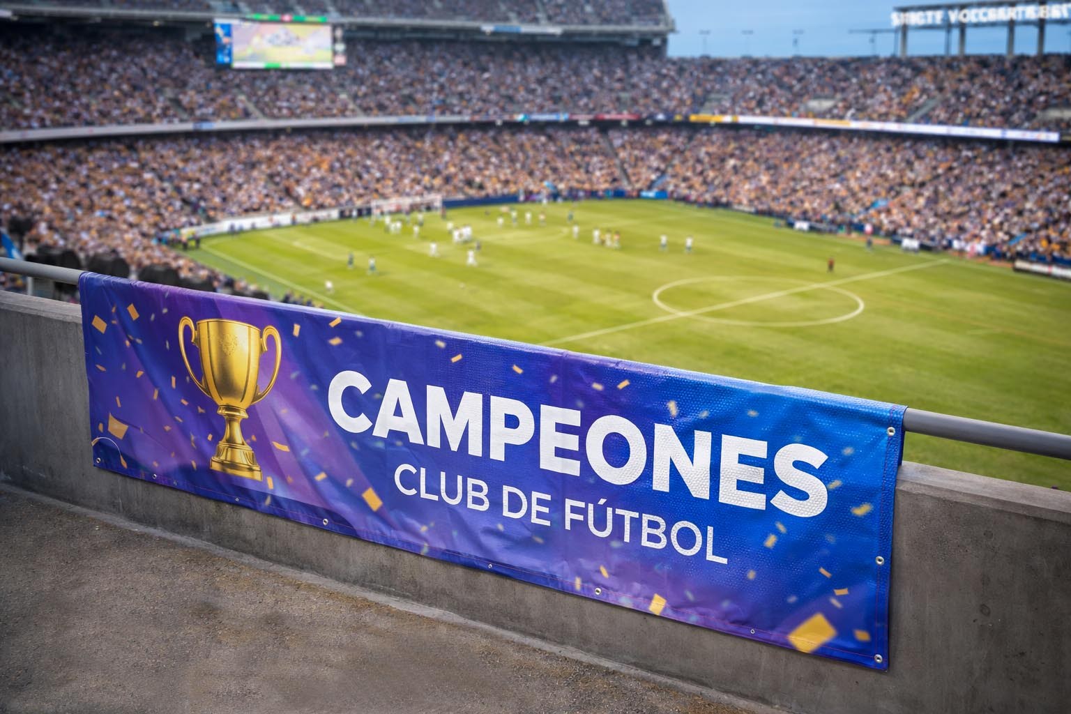 Lona impresa personalizada para eventos deportivos instalada en estadio de fútbol