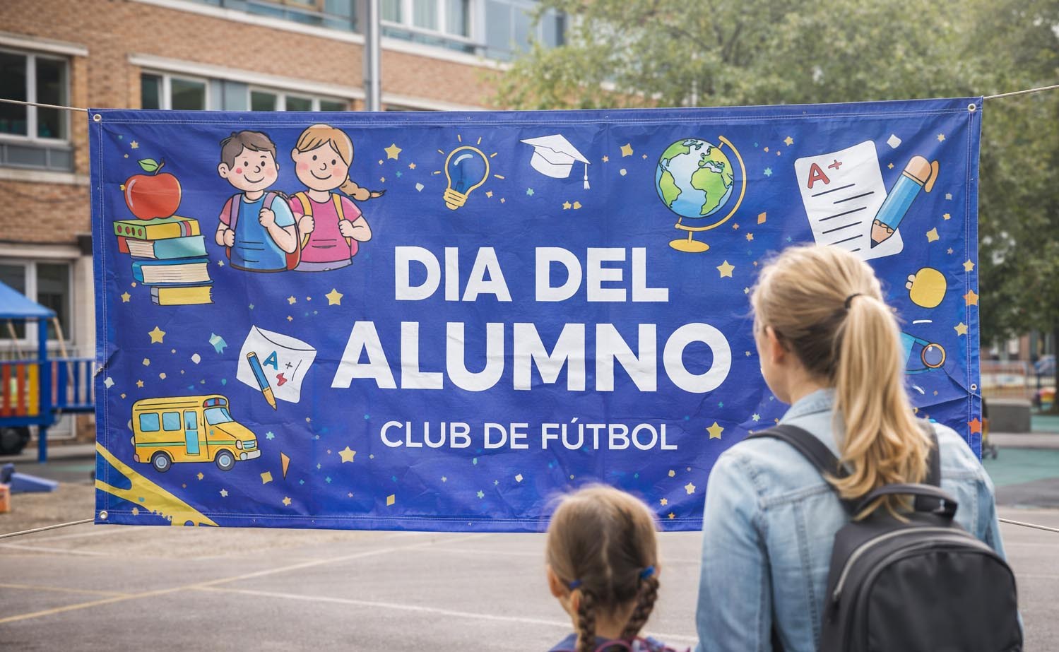 Lona impresa personalizada para eventos escolares instalada en centro educativo