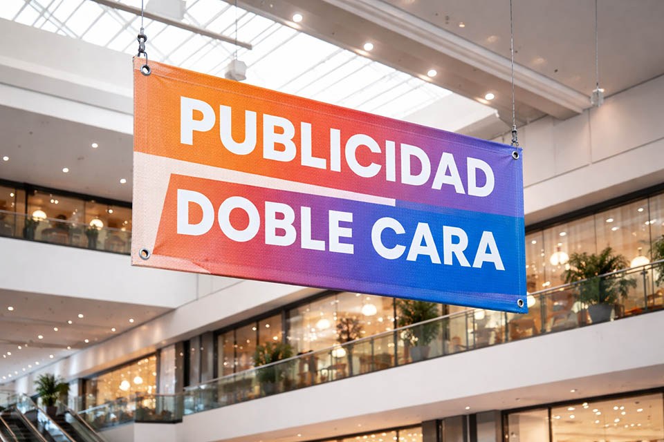 lona publicitaria a dos caras instalada en estructura colgante