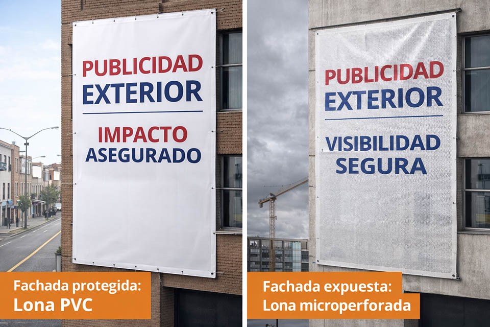 lona pvc y lona microperforada para fachadas según instalación