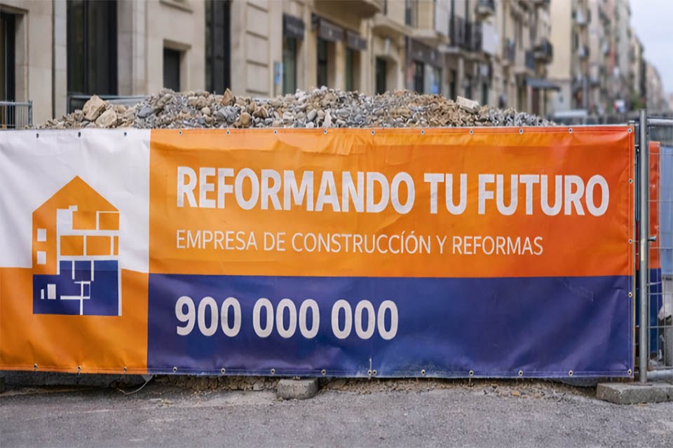 lona para contenedor de obra personalizada instalada en cerramiento urbano