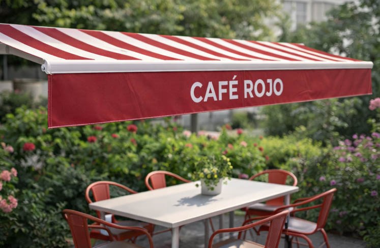 lona impresa para toldo en zona de terraza o jardín