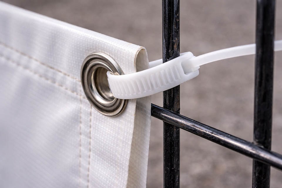 detalle de brida de plástico tensada en lona pvc