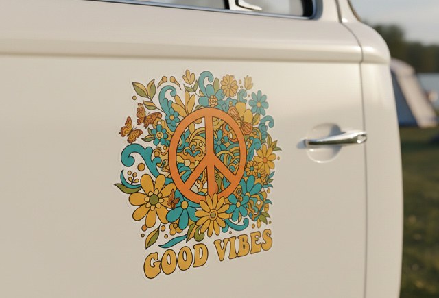 Vinilo impreso recortado con forma para furgoneta hippie