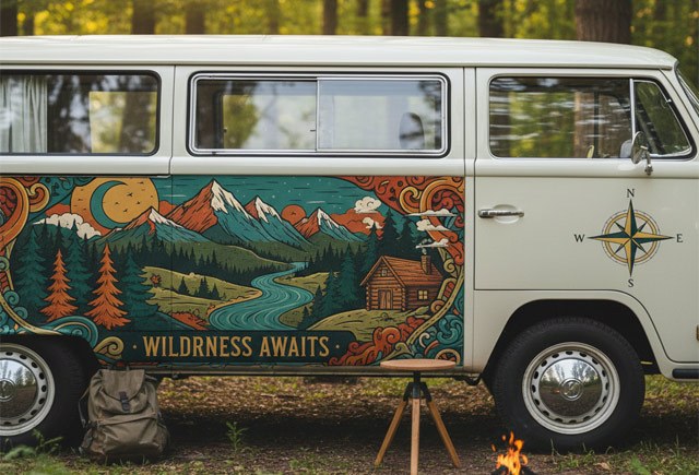 Vinilo impreso a todo color con diseño hippie en furgoneta