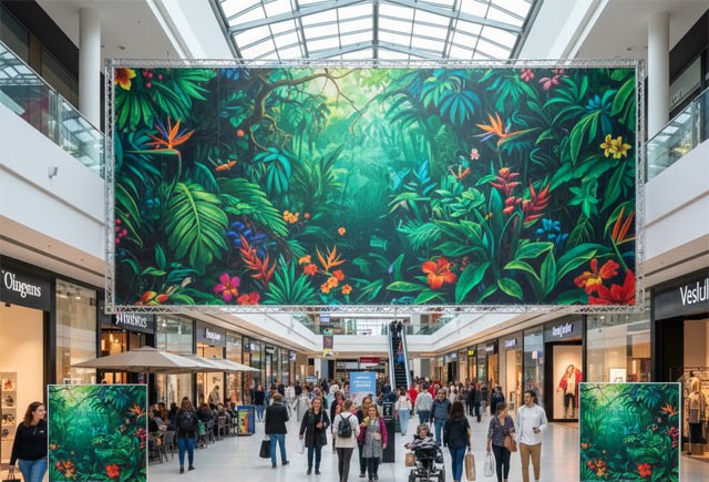 gráfica interior impresa con tintas látex en centro comercial