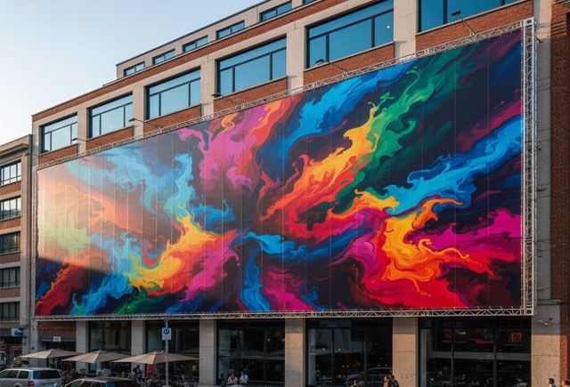 lona impresa con tintas látex en fachada urbana exterior