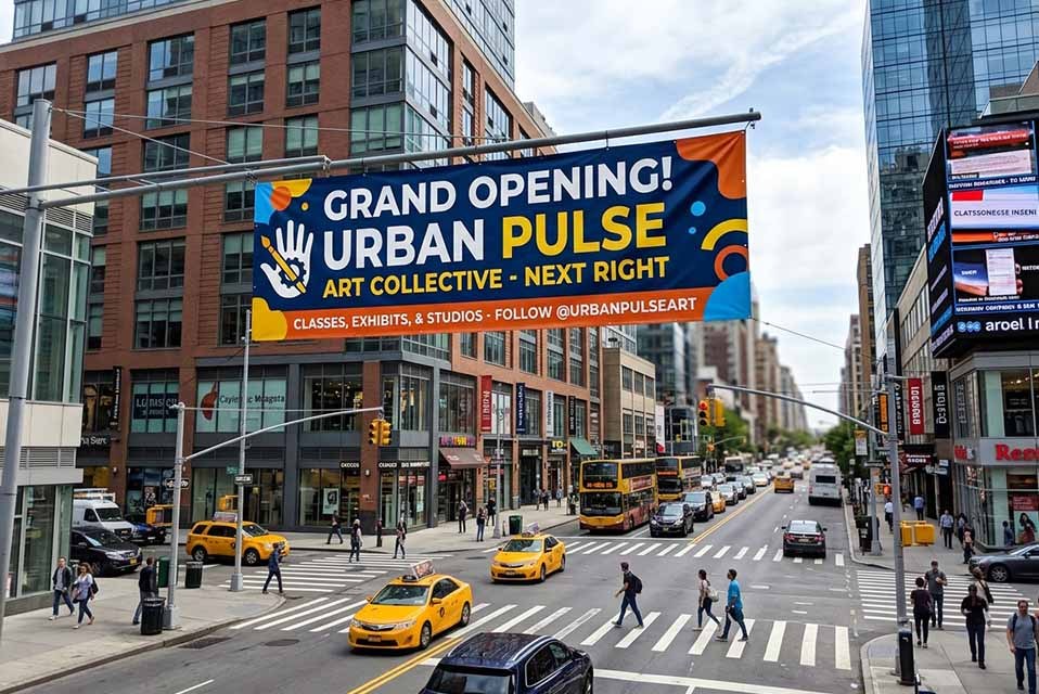pancarta personalizada en entorno urbano con alta visibilidad publicitaria