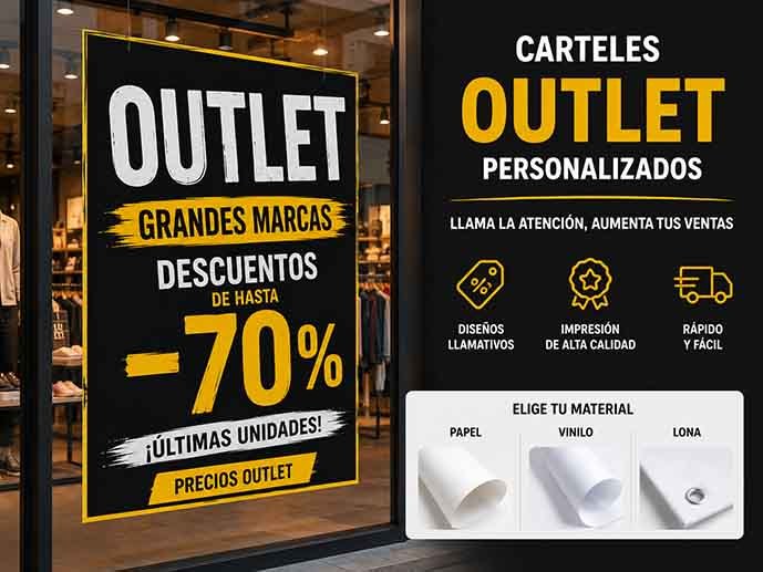 Carteles promocionales en escaparate outlet