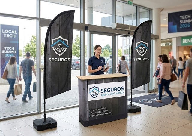 Mostrador publicitario personalizado instalado en un centro comercial